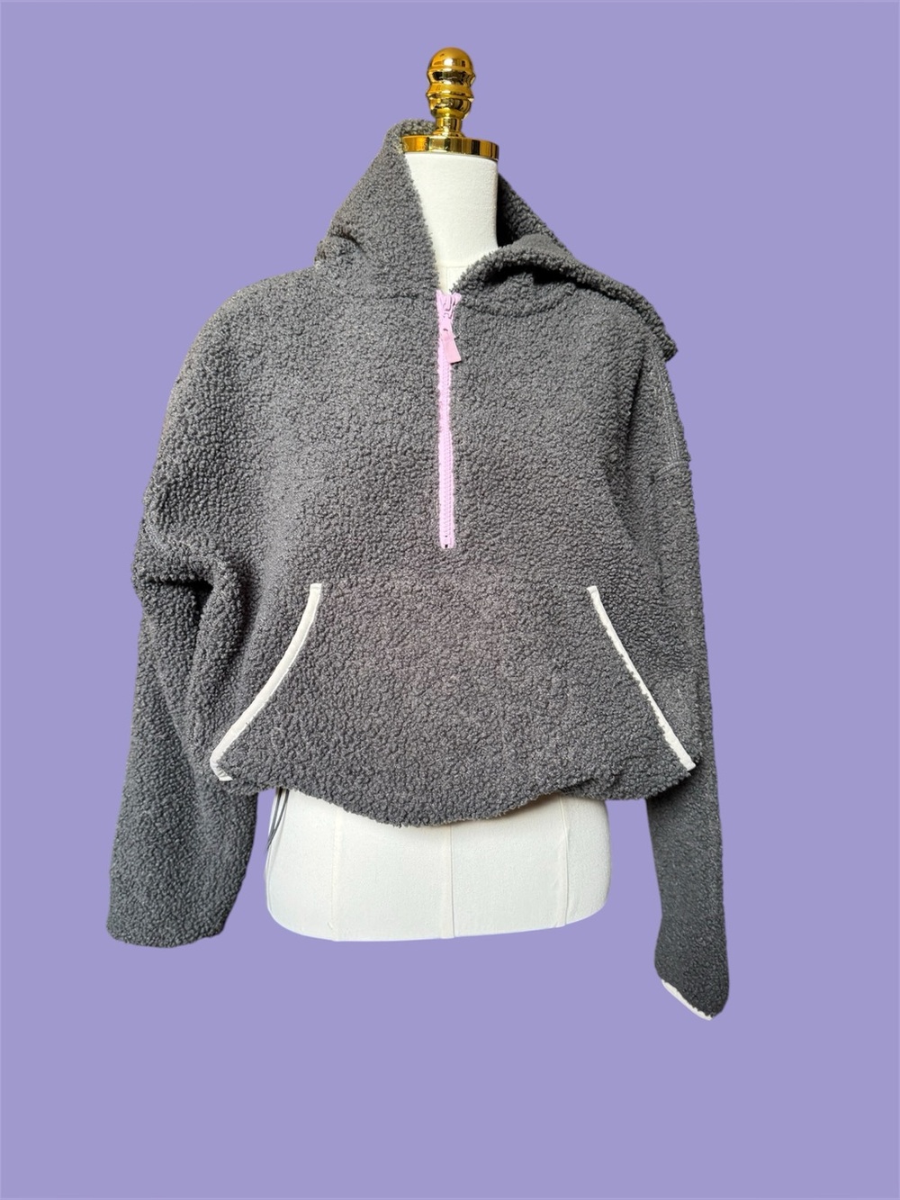 Target Wild Fable Fuzzy Cozy Half Zip Cinch Waist Crop Hooded Pullover Gray Lg